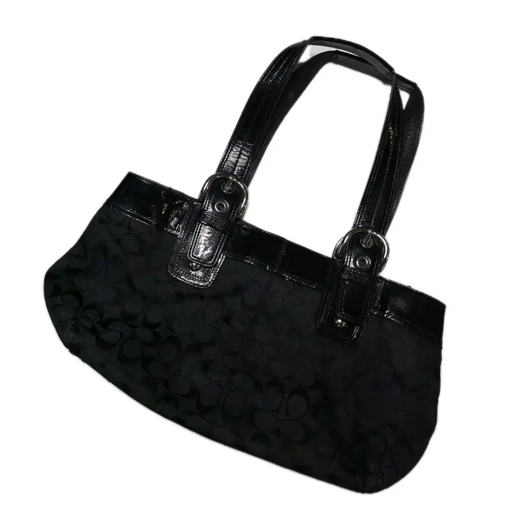 Coach Black Signature C Jacquard Patent Leather Shoulder Bag F13742